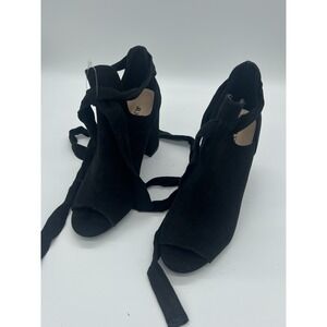 JUSTFAB Black Suede Peep Toe Lace Up Block Heel Ankle Wrap Sandals Women's US